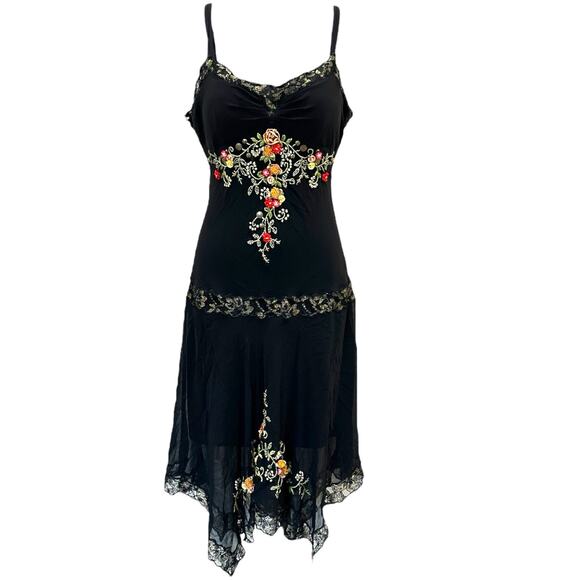 90s Cache Embroidered Silk Handkerchief Hem Dress - Picture 1 of 10